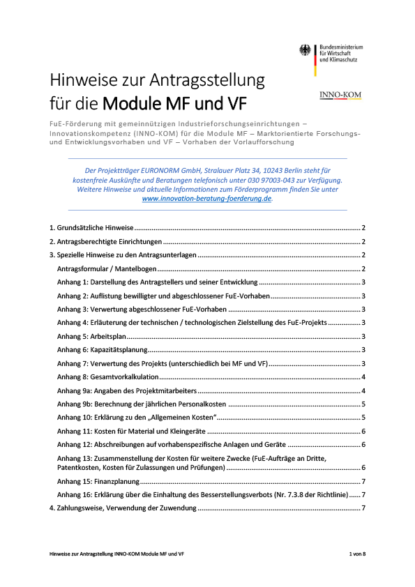 Hinweise zur Antragstellung zum Förderprogramm INNO-KOM – Module MF und VF